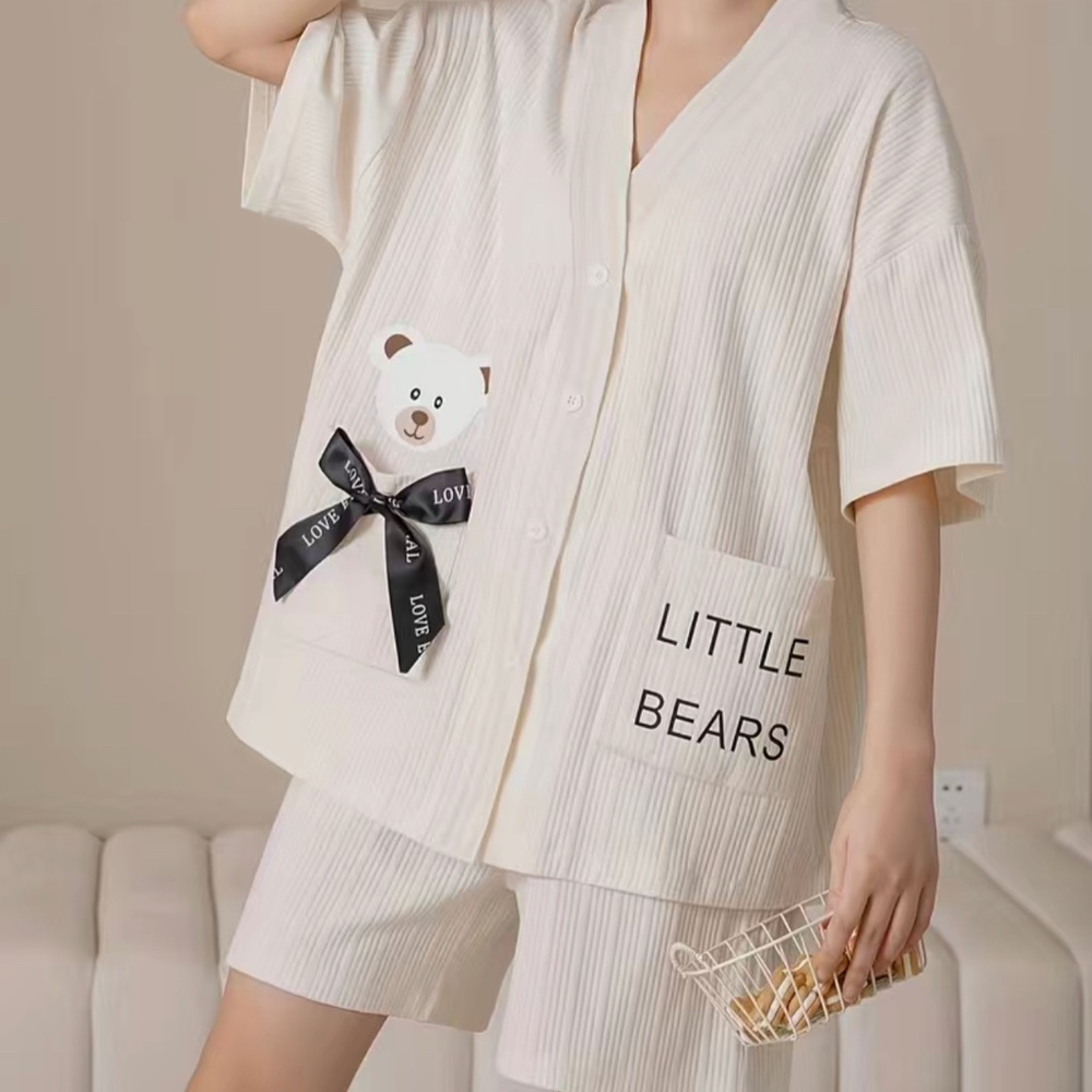 Cartoon Bear Print Pajama Set, Short Sleeve Buttons Top & Elastic Waistband Shor